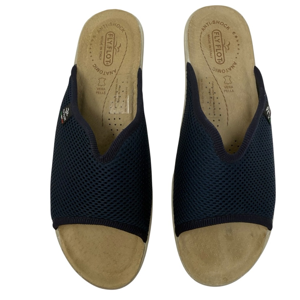 Fly Flot Women’s Size 9.5 Slip On Slides Knit Sandals Shoes Vera Pelle NVy mesh